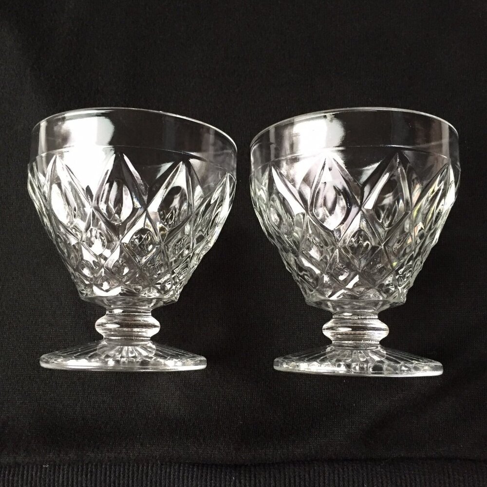 Art Glass Wine Goblet Set Diamond Cut Round Footed Etched Vintage Pair of 2